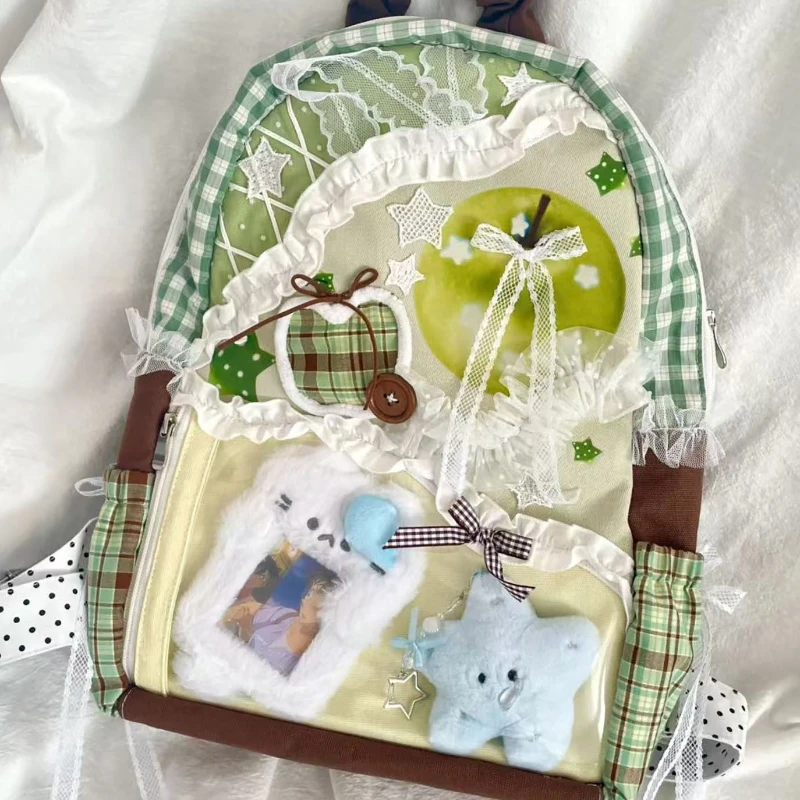 Kawaii Transparent Y2k Sweet Bow Ita Bags Girls  Lace Patchwork Schoolbags Fashion Women Students Contrast Color Plaid Backpacks