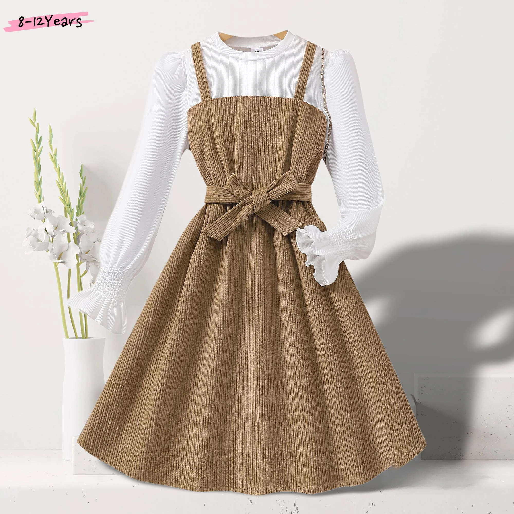 

Kids Girls Dress Long Sleeve Spring Summer Fake Two Pieces Belt Children Dress Casual Soft Comfortable Girls Clothing 8-12 Years