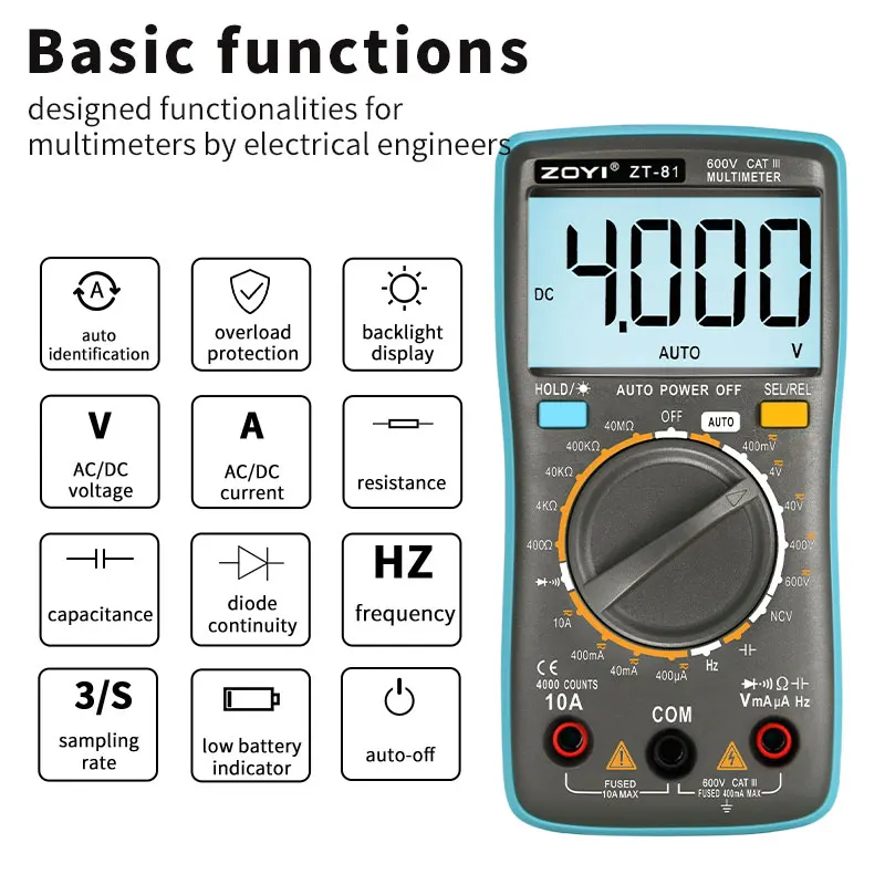 ZOYI ZT-81 Mini Digital Multimeter, High-Precision Auto-Ranging Smart Anti-Burn, Multifunctional Meter for Electrician Repair