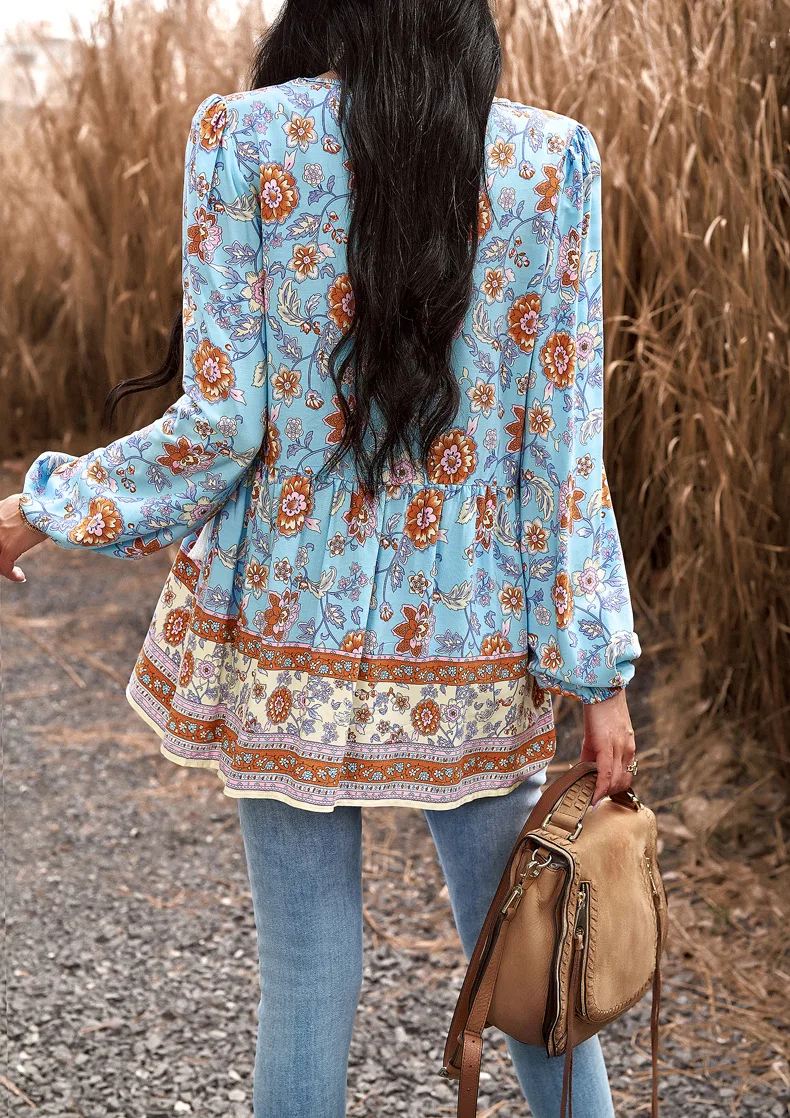 Women Temperament Casual Floral Print V-Neck Long Sleeve Shirt Elegant Loose Bohemian Blouse Design Sense Button Fringe Pullover