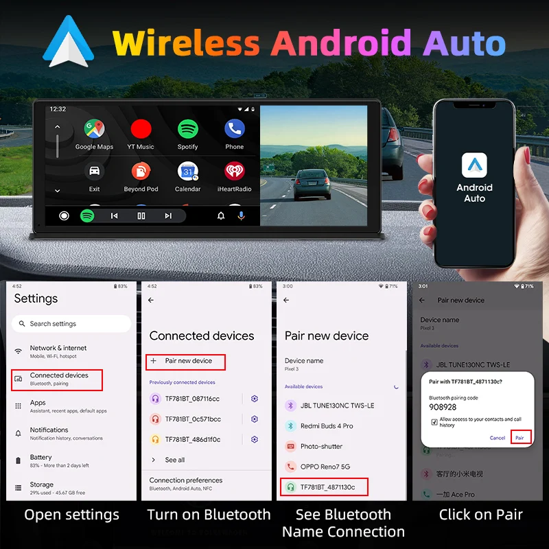 Srnubi 11. 3-calowy bezprzewodowy CarPlay i kamera samochodowa z systemem Android 4K DVR nawigacja na desce rozdzielczej wideorejestrator 24H Park