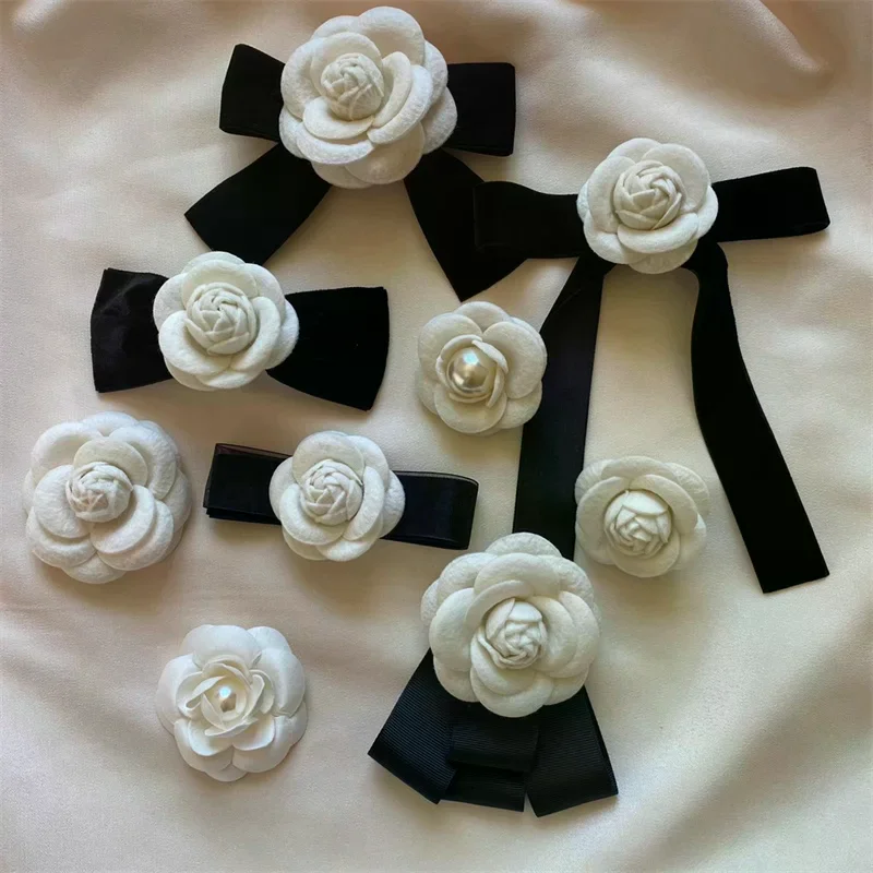 New Fabric Camellia Flower Brooch Velvet Bow Tie Ladies College Style Shirt Collar Pins Vintage Wedding Party Brooches For Women