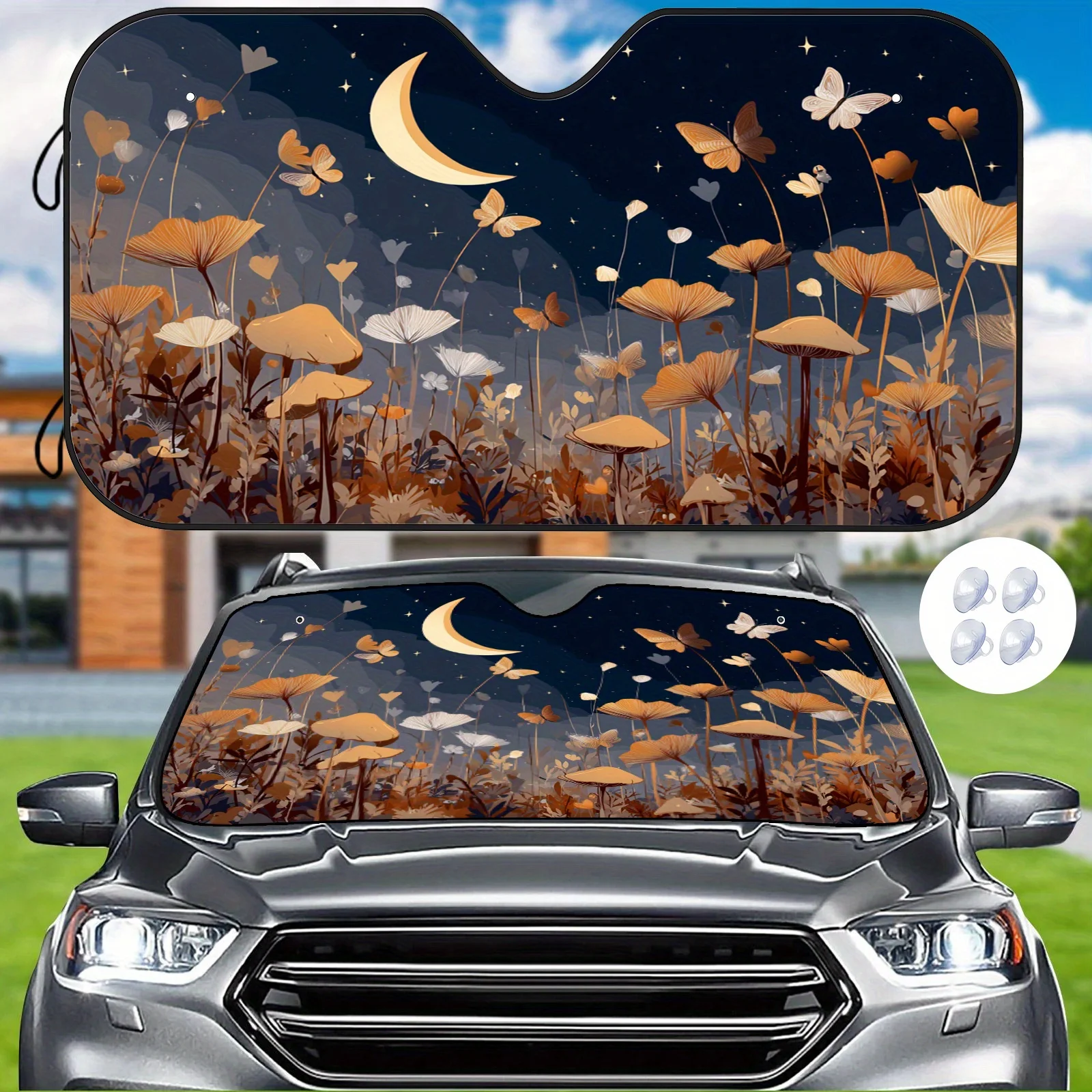 A Car Sunshade Featuring An Illustration Of Butterflies In A Sea Of Flowers Under The Moonlight, Designed In A Dreamy Forest Sty