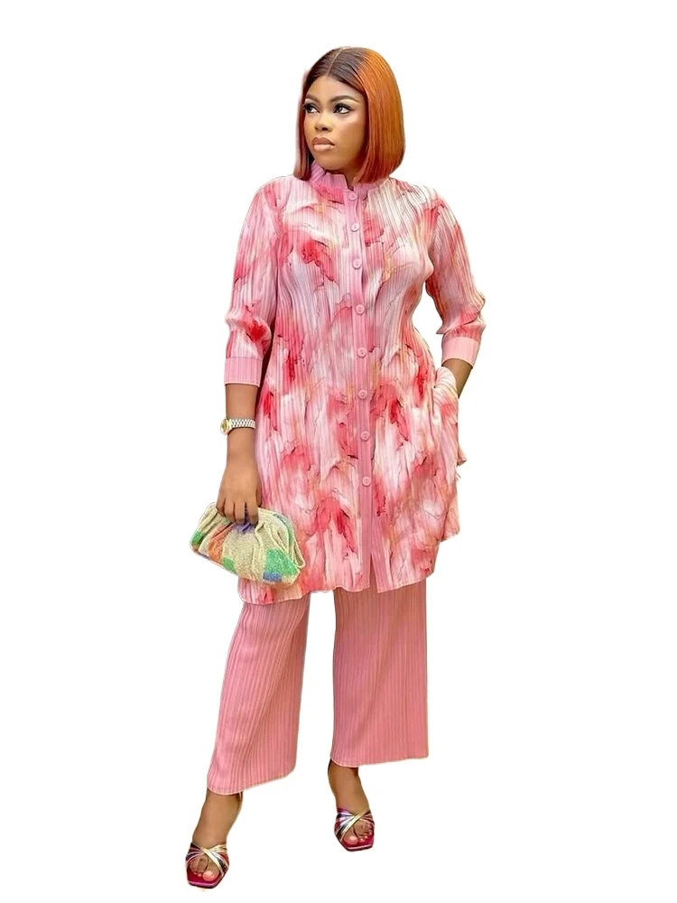 EGRM 2025 Frühjahr Neue Miyake Plissee 2 Stück Set Frauen Mode Stehen Kragen Unregelmäßige Mittlere Länge Tops Gerade Hosen Sets 6R9135