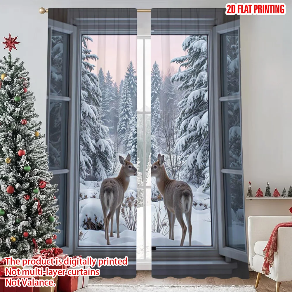 

2pcs 2D flat printing Christmas Window Drapes Charming elk and snow forest Versatile Fabric Without Electricity Festive Curtains