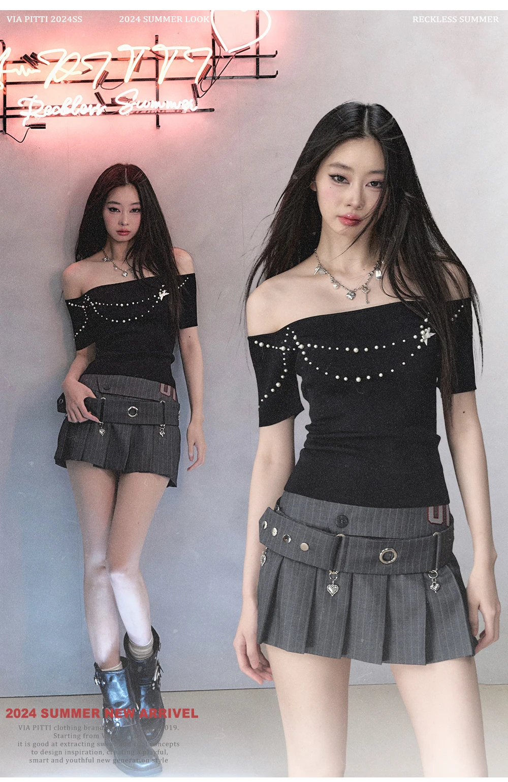 Original Heavy Pearls Beading Slash Neck Off Shoulder Knitted Short Sleeve Tshirt Summer Sexy Designer Punk Hot Girls Tee Tops