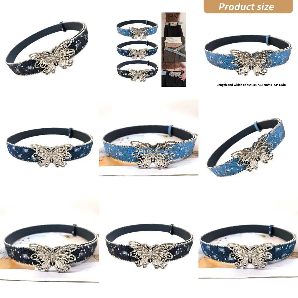 

G5GC 2000s Girls Belt Butterfly Buckle Belt Vintage Waistband Bead Trim Waist Strap