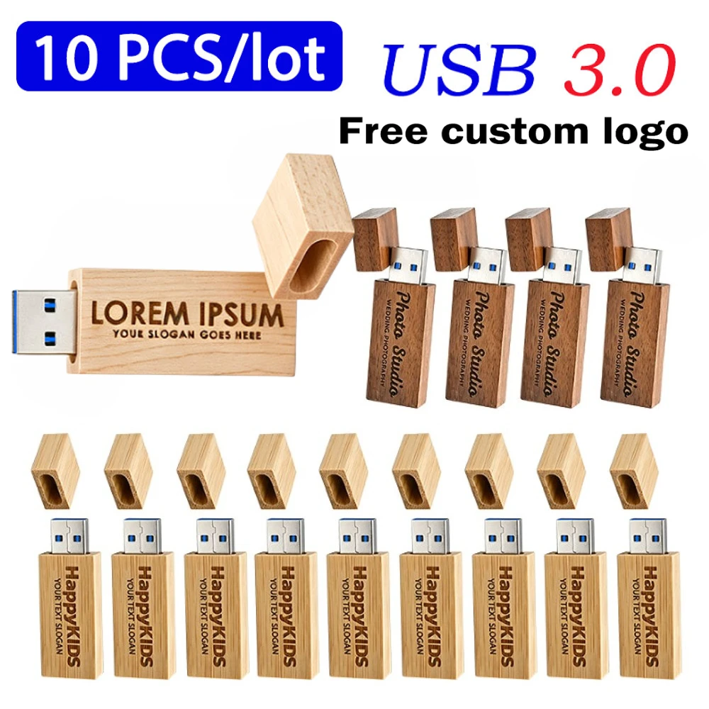 10pcs USB 3.0 Wooden Memory Stick Usb Flash Drive Pen Drive Pendrive 4GB 16GB 32GB 64GB U Disk Wedding Gift Free Custom Logo