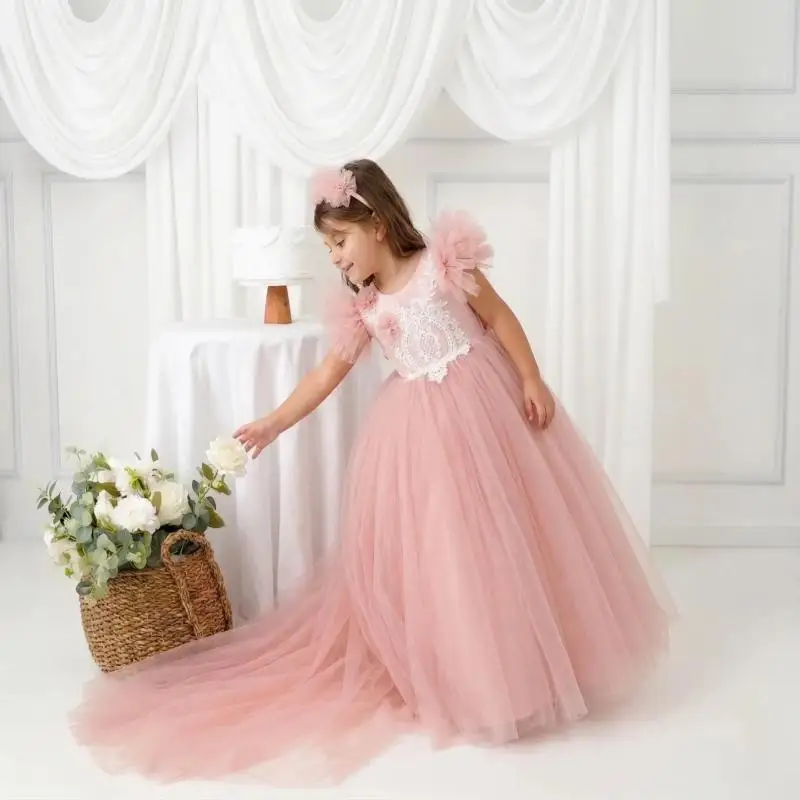 Blush Tulle Flower Girl Dress, Ivory Lace Train, First Communion Gown, Wedding Junior Bridesmaid, Toddler Princess Birthday