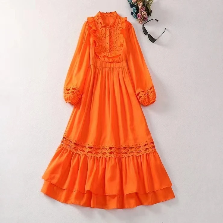 

Europe and the United States women's 2024 winter new Long sleeve stand collar orange hollow fashion Pleated dress XXL