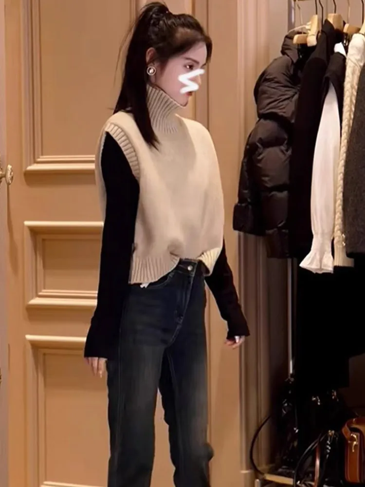 

Faionable Svel High Collar Pure Color Knitted Sweater Women's Vest Versatile Ele Sle Commute Suitable Autumn Wear