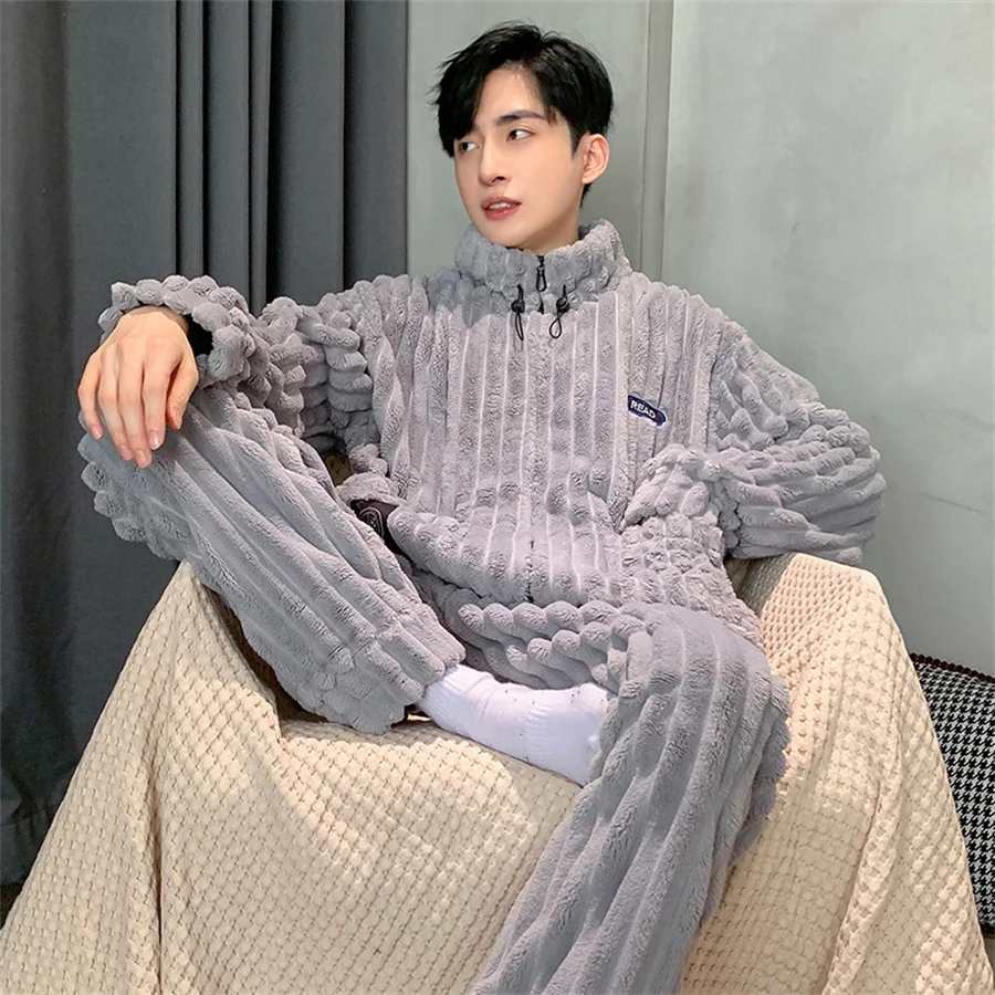 Coral Fleece Men Winter Warm Pajamas Sets Stand Collar Fluffy Coat + Long Pants Sleepwear for Sleeping Men\'s 2 Pieces Loungwear