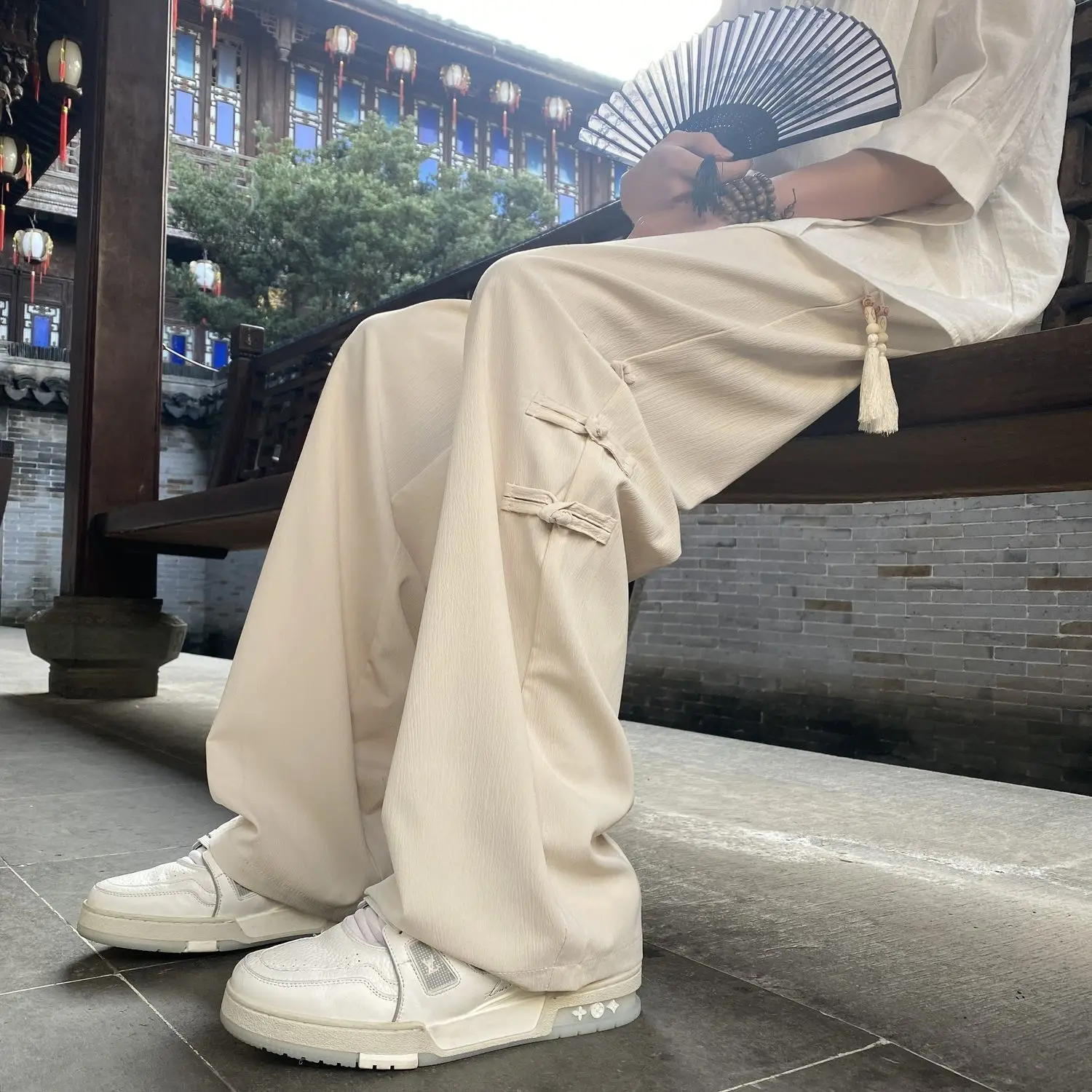 Luxury Men's Clothing New 2026 Chinese Style Pants Summer Buckle Cargo Jogger Drape Loose Wide Leg Straight Casual Trousers