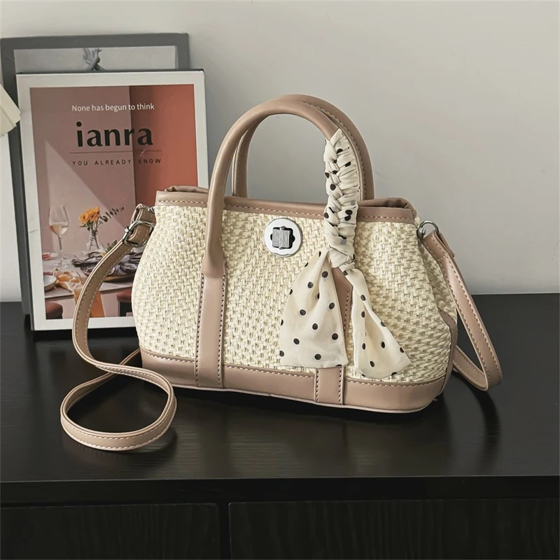 

Elegant Women Handbag PU Leather Canvas Short Handle Bag New Design Female Small Shoulder Bag Cross Body Bag with Scarf