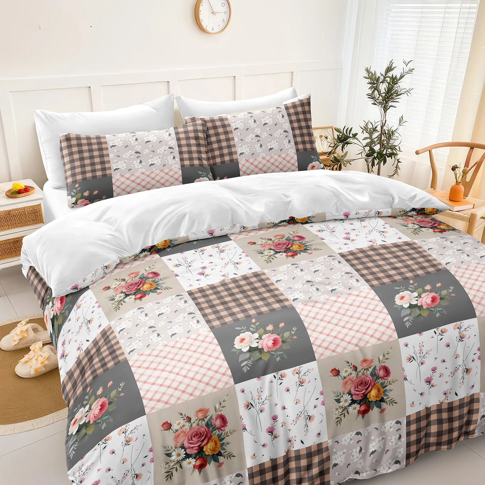 3PCS Colorful Duvet Cover Set Polyester Fibre Comforter Cover Floral Bed Set Soft Lightweight Down Bedding Set for All Season