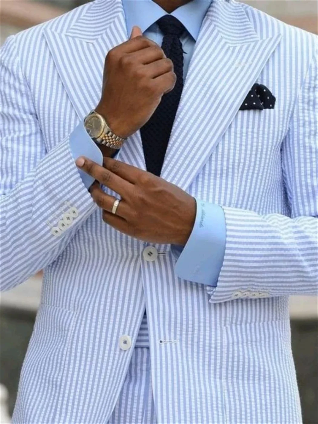 2 Pieces Casual Men Suits Seersucker Stripe Outfits Custom Wedding Groom Tuxedo Costume Homme Peaked Lapel Jacket+Pants