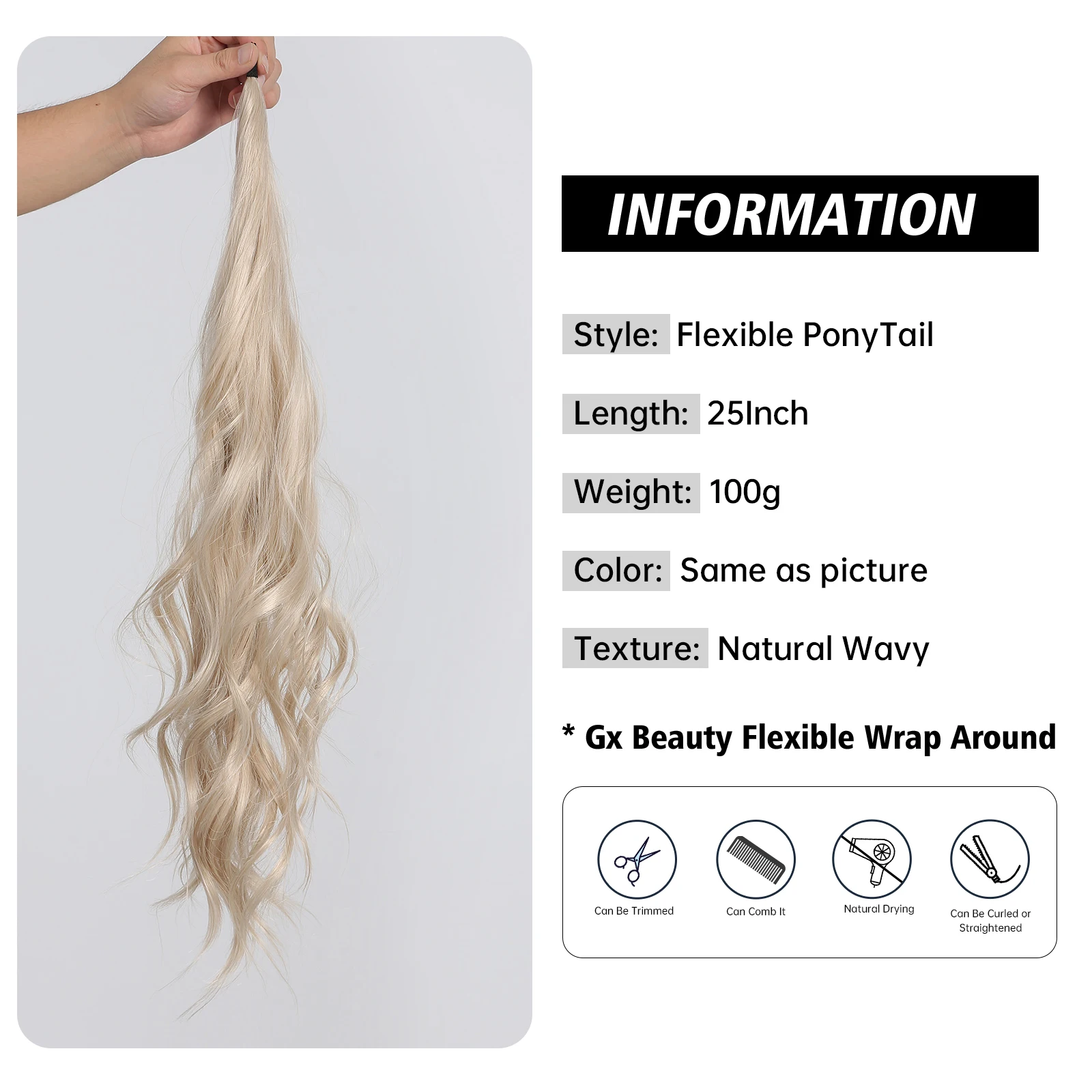 25 Inch Synthetic Ponytail Blonde Long Flexible Wrap Around Ponytail Hair Extensions for Women Natural Wavy Hairpieces Pony Tail