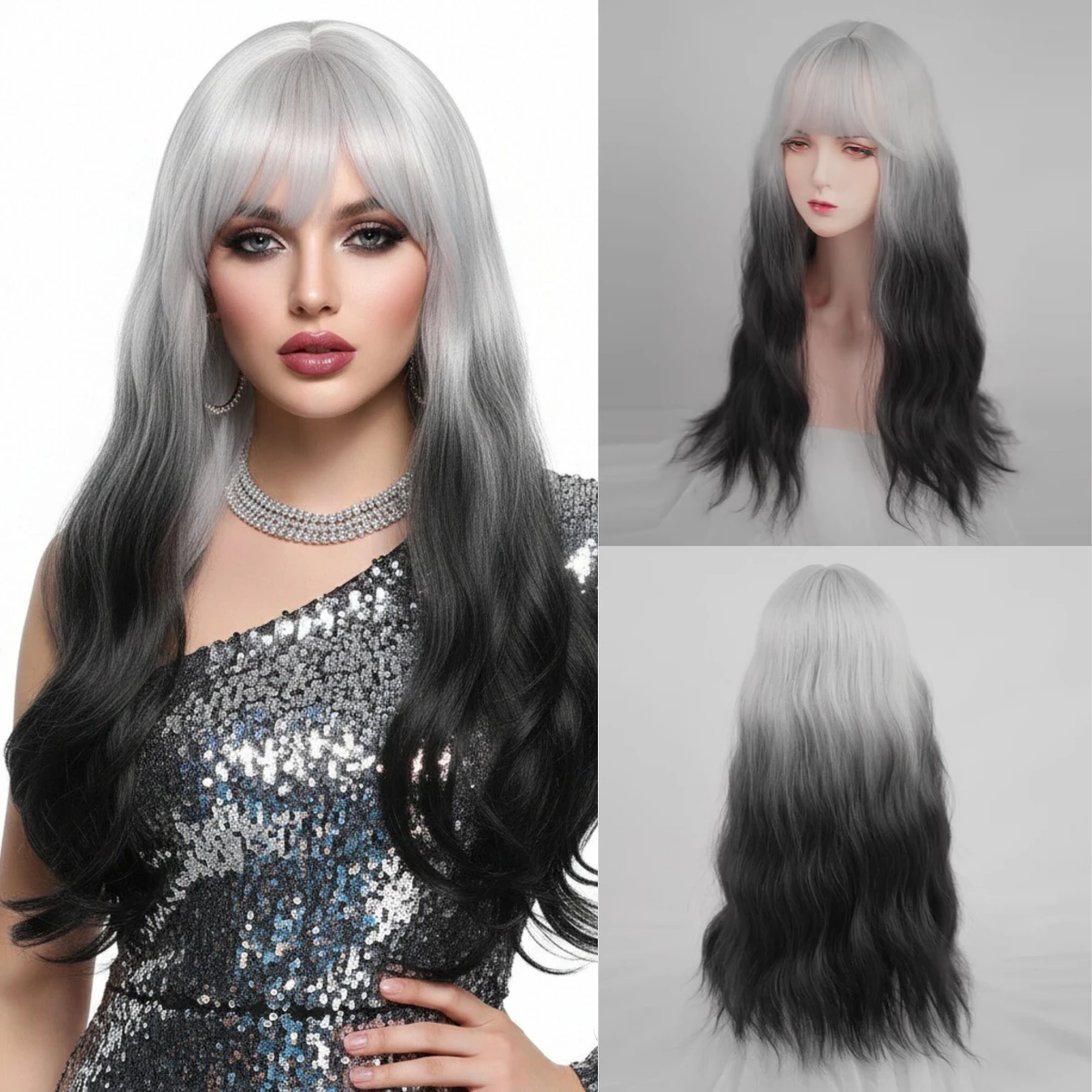 

Women Long Wavy Wig Black White Gradient Wig Synthetic Hair Wig Lolita Cosplay Wig With Bangs For Daily Party Heat Resistant