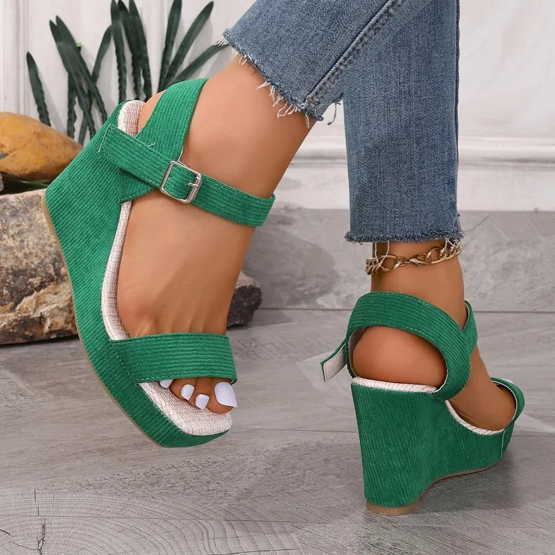 Platform Wedge Sandals Solid Color Round Headed Square Buckle Design Comfortable and Elegant High-heeled Sandals