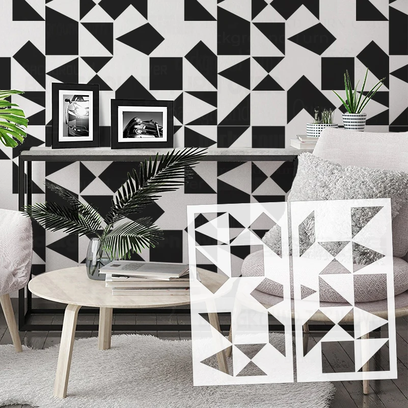 50cm - 60cm Stencil For Wall Decor Large Painting Paint On The Furniture Template Niche Sideboard Accent Cabinet Geometric S080
