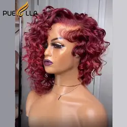 Peruca profunda de cabelo humano encaracolado para mulheres, vermelho Borgonha, colorido, corte Pixie curto, laço 360 completo, loiro mel, marrom, Bob com renda frontal perucas