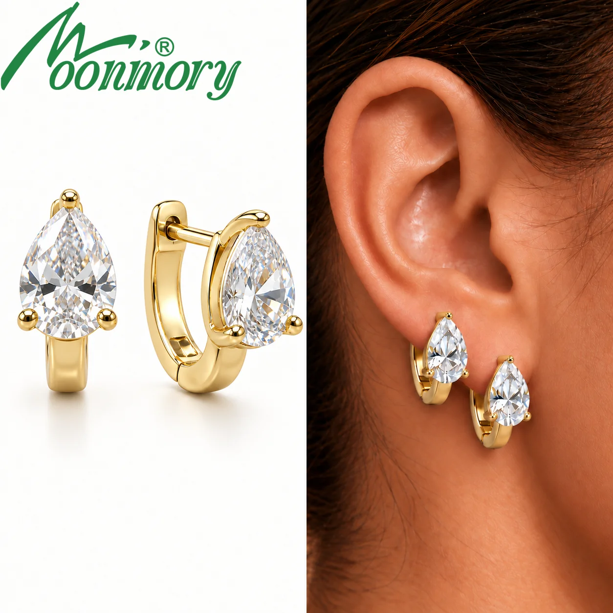 Moonmory Minimalistische Luxus-Marken-Schmuckstücke, Messing-Ohrringe im Birnen-Schliff für Damen, 5A 14K Doppel-Goldplattierung, Zirkon-Creolen – Detail 1
