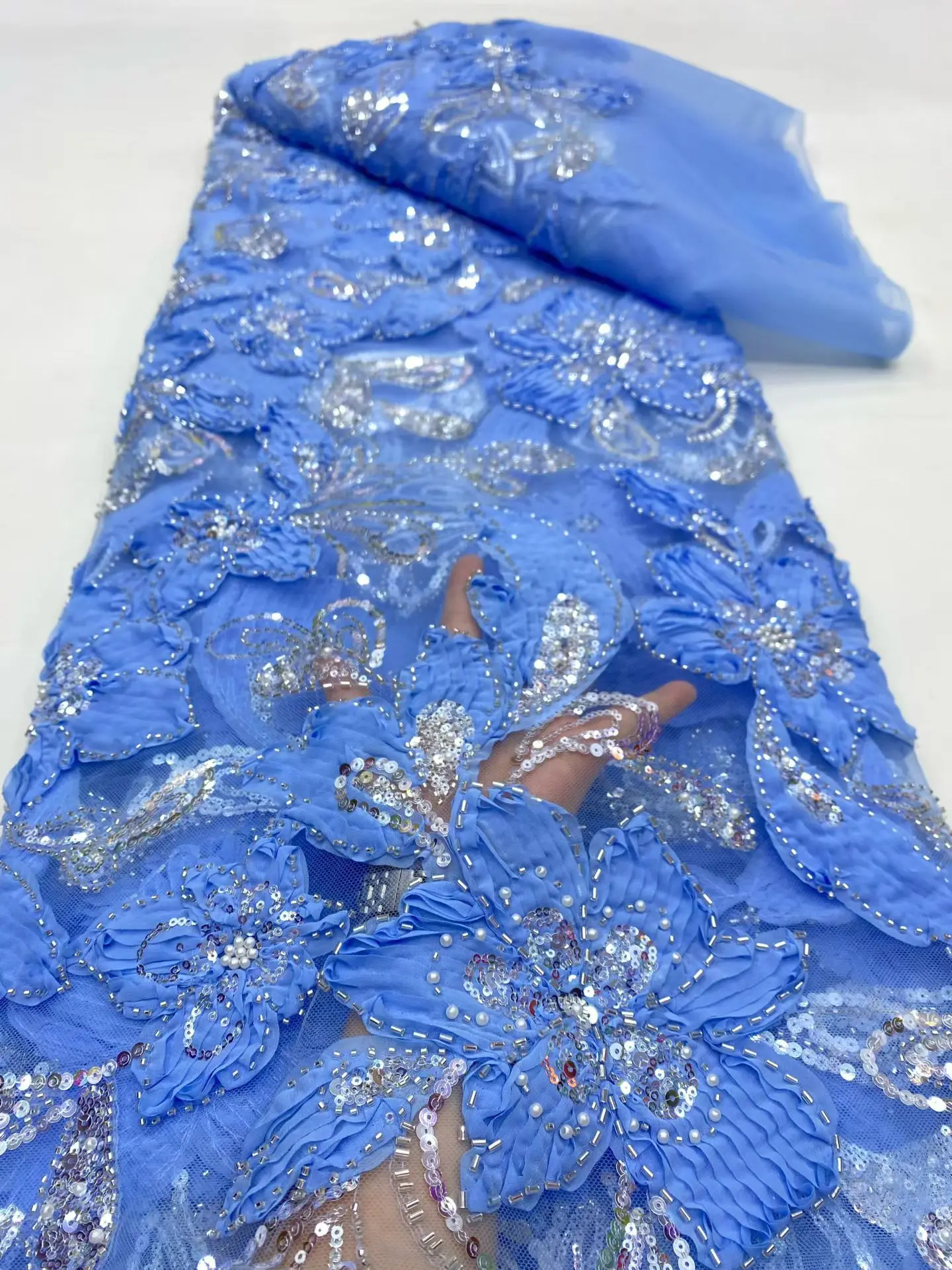 

2025 African Nigerian Latest High Quality With Guipure Embroidery Tulle Sewing Lace Fabric Dresses Sequins 5Yards DP0488