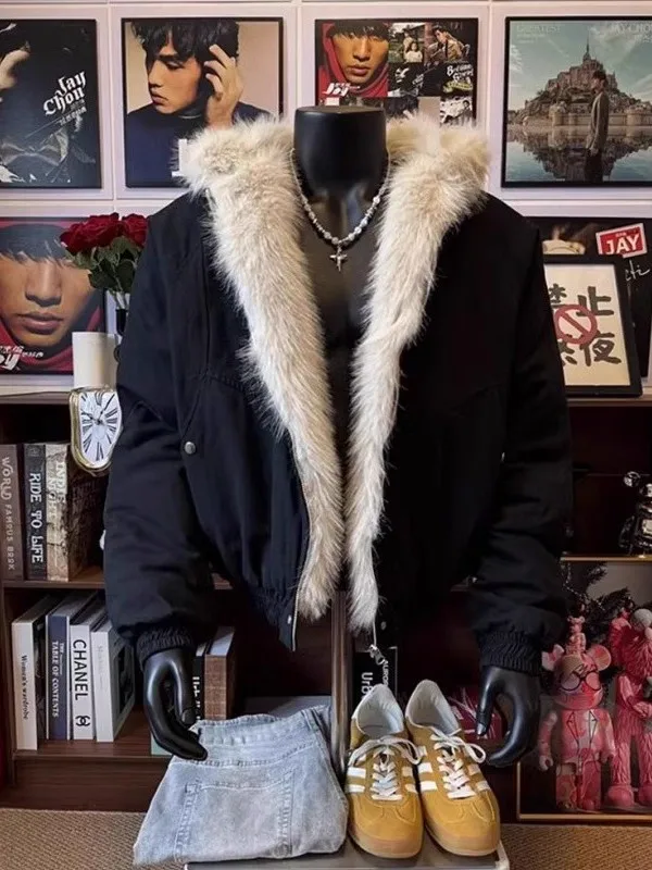 Thiened Large Size 300 Pou American Sle Hooded Cotton Jaet with Fur Collar for Men And Women Winter Warm Coat Outerwear
