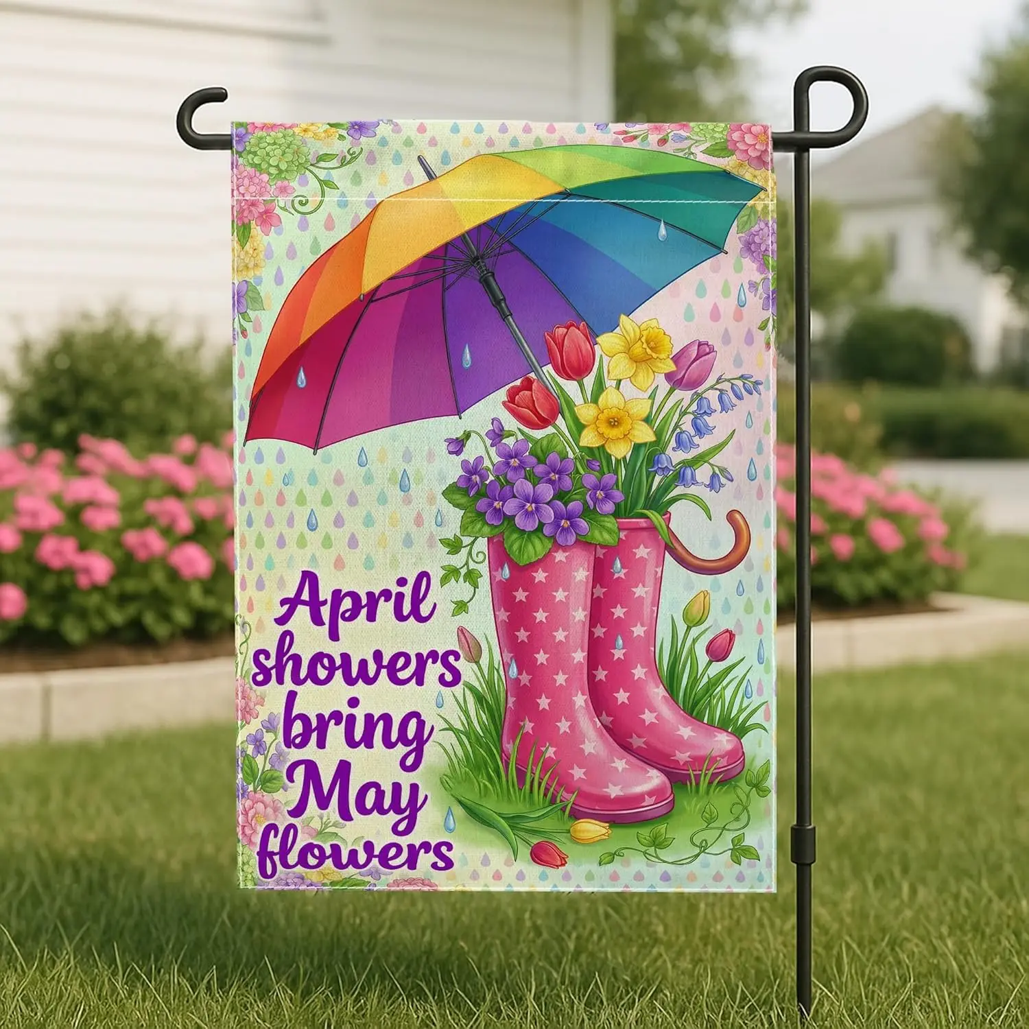 Umbrella Garden Flag, Spring Fanciful Rain Drops Flowers Spring Peach Burlap Double Sided Small Garden Yard Flag for Outdoor IIC