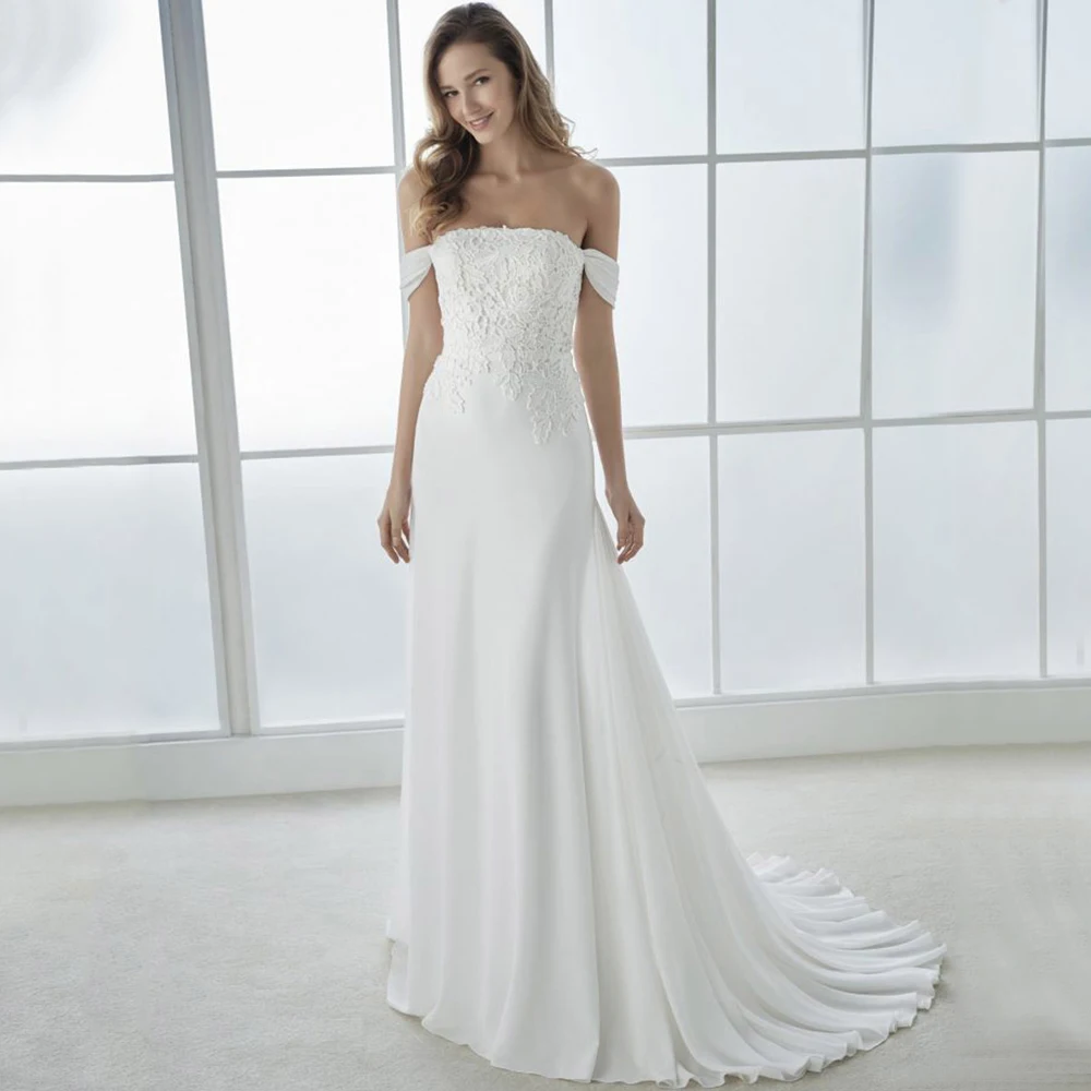 

Chiffon Bride Wedding Dress Applique Strapless Off the Shoulder Sexy Open Back Floor length Bridal Marriage Zipper Gowns Robe