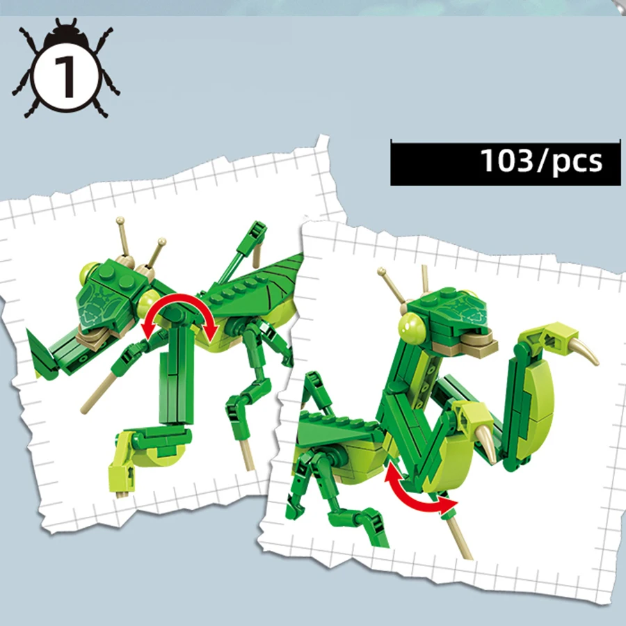 Bloco de montagem de insetos criativos, modelo de montagem de mantis de oração verde, montagem de pequenos animais para crianças, brinquedo para presente