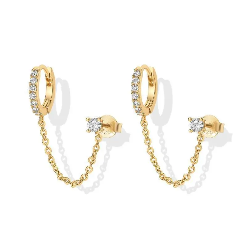 Neu eingetroffene lange Quasten-Ohrringe mit Doppelketten für Damen, koreanischer Edelstahl, Zirkonia, hängende Ohrringe, Piercing-Schmuck – Detail 2