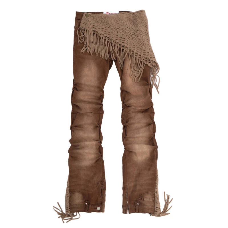 

Custom Size Wasteland Style Niche Design Tassel Pleated Punk Jeans Men Bell-Bottom Pants Trousers Pants Women