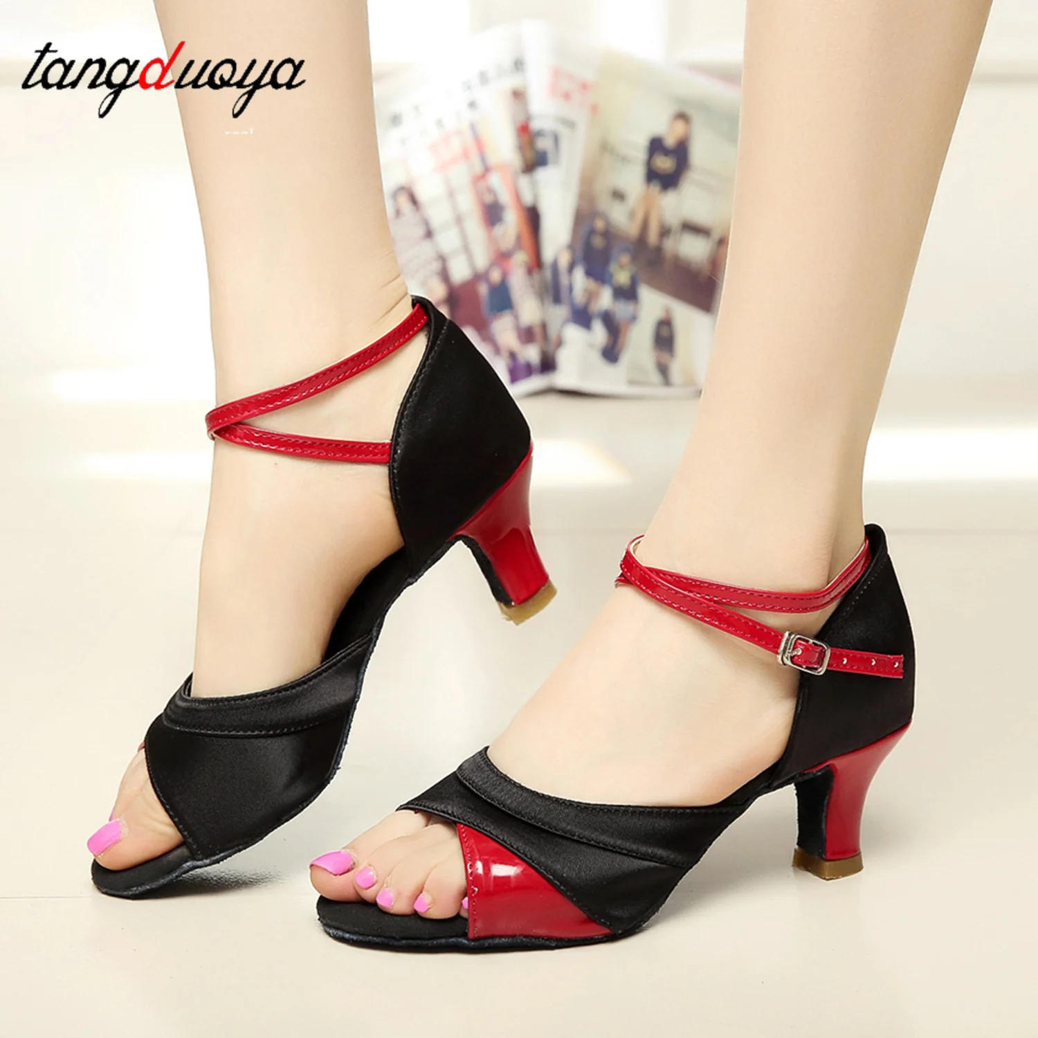 Women Glitter Leather Latin Dance Shoes Soft Sole Tango Salsa Dance Ballroom Modern Shoe Tango Ballroom Dancing Shoes 5/7cm Heel