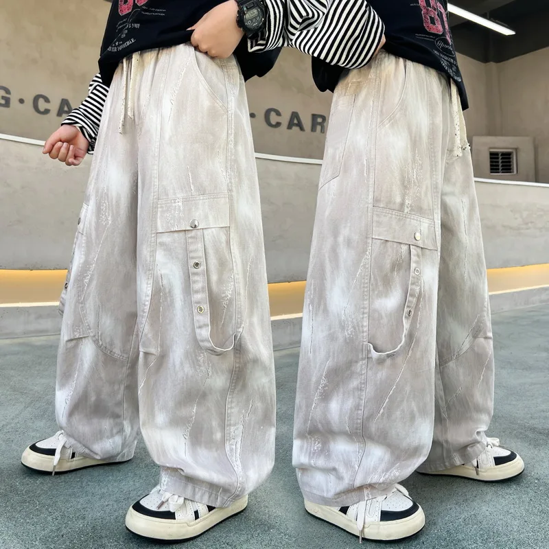 Korean Child Tie-dye Cargo Pants for Teens Boy Casual Loose Straight Trousers Kids Spring Autumn Outdoor Trackpants Sweatpants