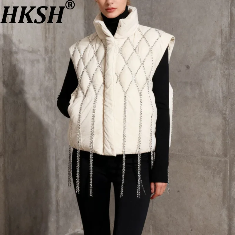 

HKSH осень-зима новая женская ватная куртка без рукавов с воротником-стойкой на молнии с бриллиантами и цепочкой верхняя одежда шикарный теплый жилет HK14031