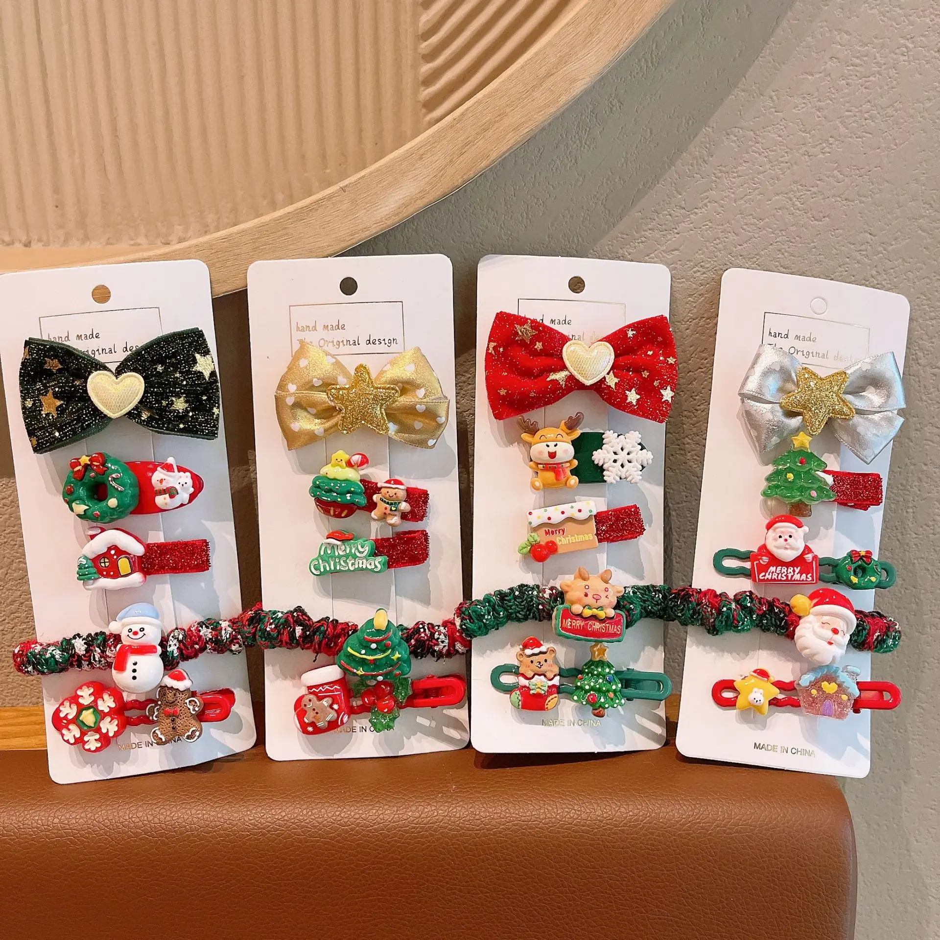 5/10 Stück Kinder Weihnachten Haarschmuck Set Herz Weihnachtsmann Haarspangen & Gold Haarbänder Niedliche Schnallen Pinzette für Mädchen