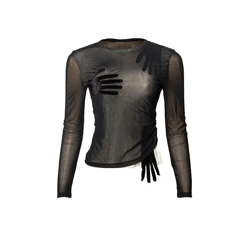 Y2k Clothes Women Long Sleeve Crop Top Sheer Mesh Cropped Top Velvet Appliqué Short Top Tie Detail Belly Top Black Mint Green