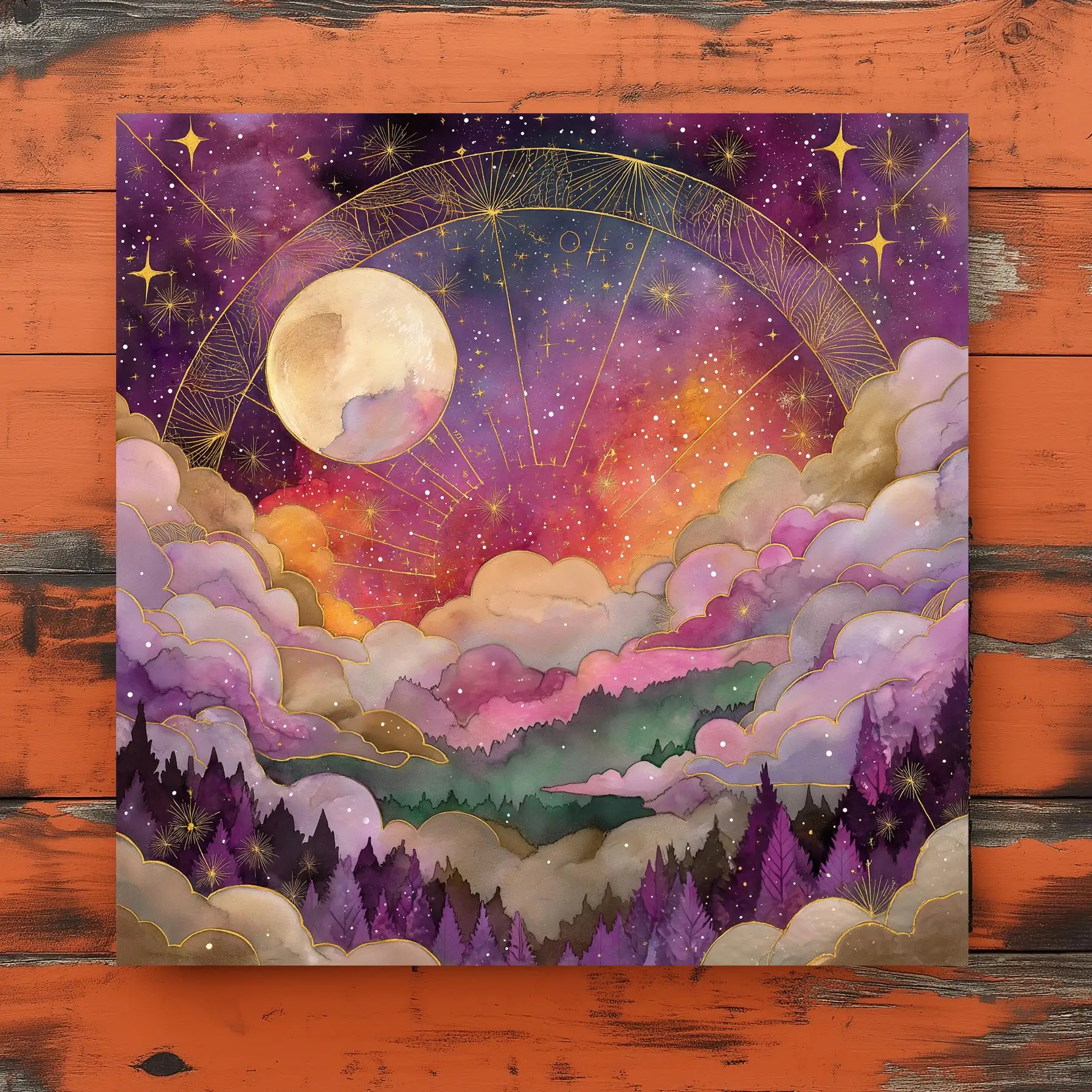Mystische Mond-Stern-Himmlische-Tarot-Tischdecke, Hexenartiges Aquarell-Wald-Altartuch für Wahrsagerei, Meditation und Dekoration