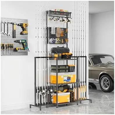 

Вертикальная стойка для хранения удочек в гараже – вмещает 24 удилища с креплениями для катушек, сетчатой корзиной и органайзером-перфорированной панелью.