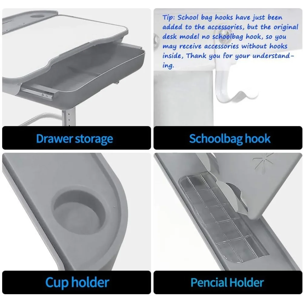 Altura ajustável Desk and Chair Set para crianças, gaveta de armazenamento, inclinação ajustável Table Top,Touch LED Light, Estudo Tabela