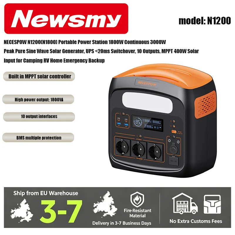 NECESPOW N1200(N1800) Stazione di Alimentazione Portatile 1800W con Potenza di Picco 3000W, Generatore Solare UPS, Onda Sinusoidale Pura, MPPT, Ingresso Solare 400W per Casa, Campeggio, Camper