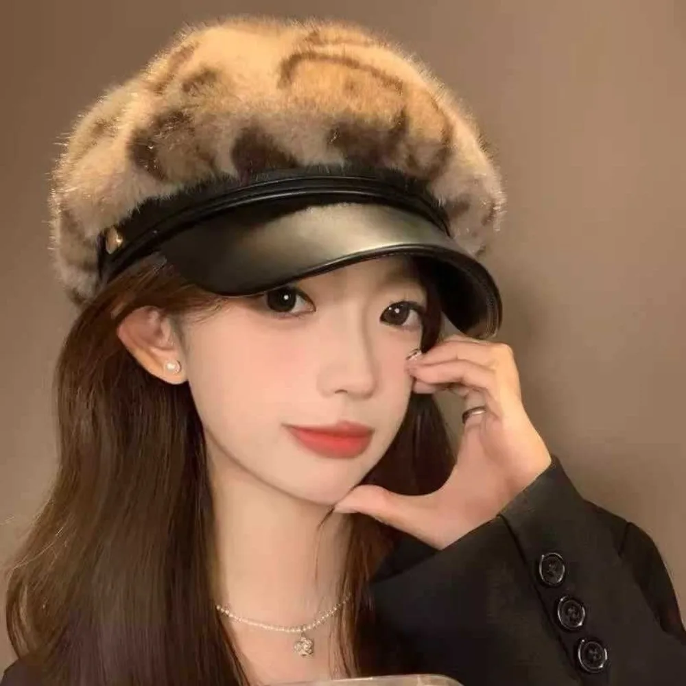 Retro Leather Patchwork Leopard Print Beret Hard Brim Winter Warm Newsboy Cap Artist Hat For Women