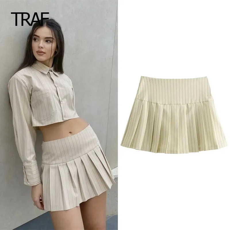 

TRAF Striped Pleated Skirt Women's Skirts Spring Summer 2024 Mid Waist Skirt Korean Style Skirts Elegant Social Female Skirts