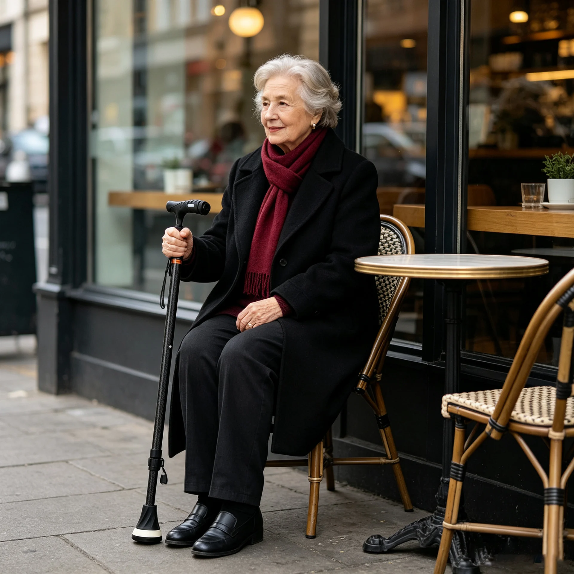 Height Adjustable Carbon Fiber Walking Cane, Portable Elderly Support Stick, 4 Point Tip for Disabled People