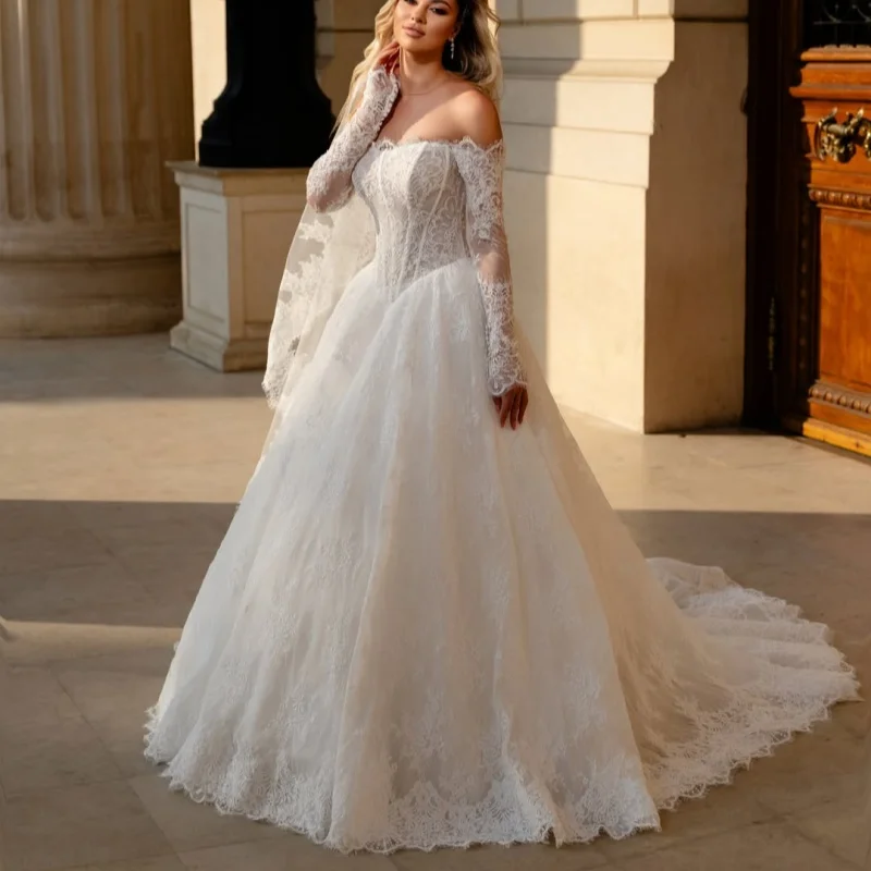 White Lace Beading Appliques Wedding Dresses Decal Skirt Long Tail Arab A-Line Skirt Made Wedding Dress Bridal Gown Customize