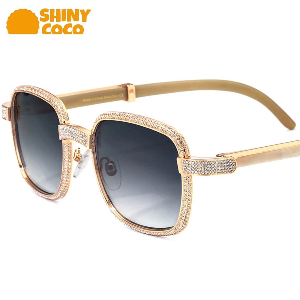 

ShinyCoCo Luxury Brand White Diamond Horn Natural Black Horn Optical Leg Square Sunglasses