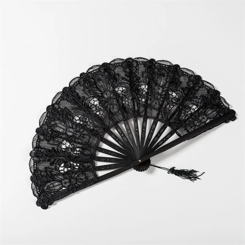 Lace Folding Fan with Tassel Hollow Ribs Vintage European Dance Performance Party Photo Props Summer Hand Held Fan Women Gift