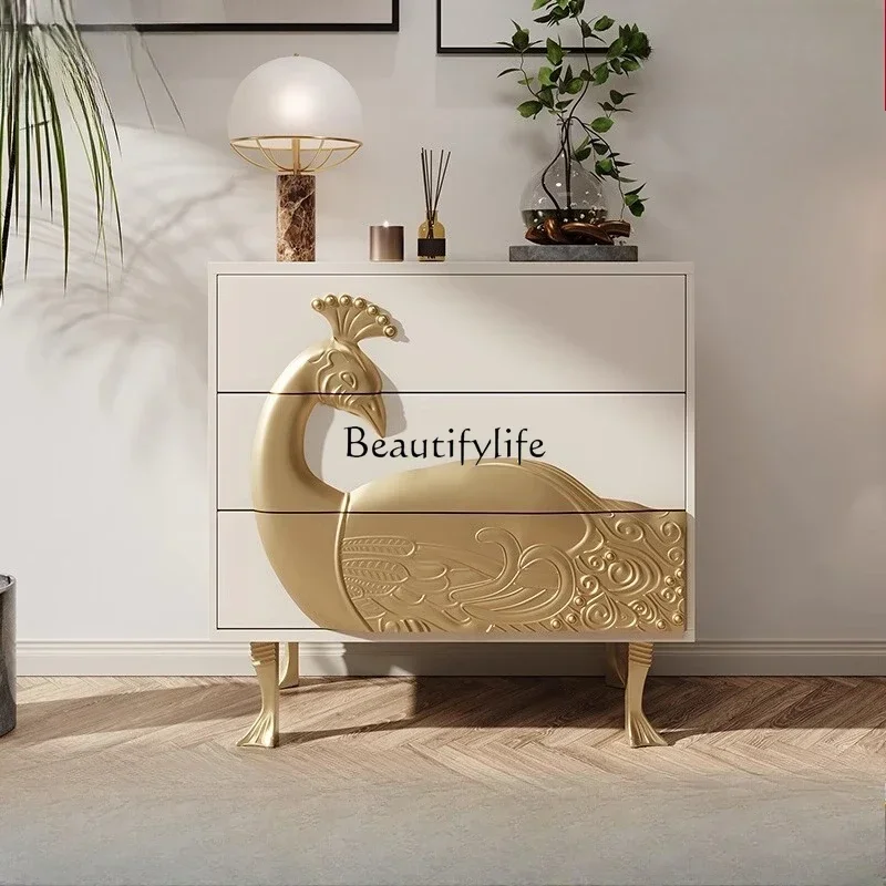 

yj21 L.American neoclassical chest of drawers living room solid wood carving peacock decoration porch drawer cabinet