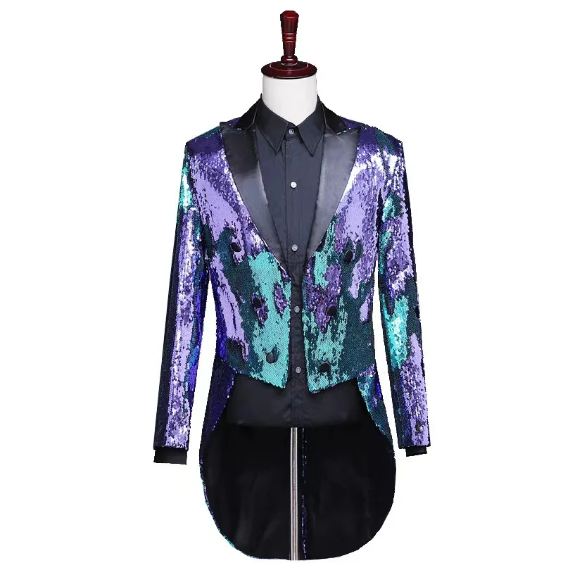 

Double-color Sequins Swallowtail Blazer Magician Conductor Singer Stage Costume Bar Nightclub Evening Party Host Tailcoat Blue